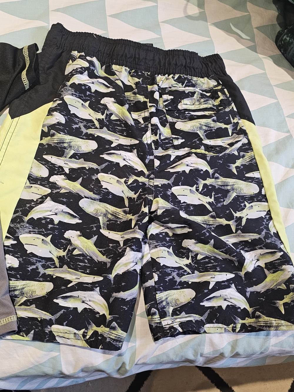 Kids Black & Neon Yellow Shark-Print Swim Shorts